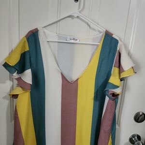 Chic Striped V-Neck Dress with Ruffled Sleeves